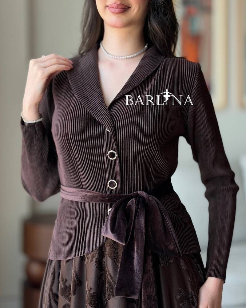 Dark brown blazer dress with a fabric belt