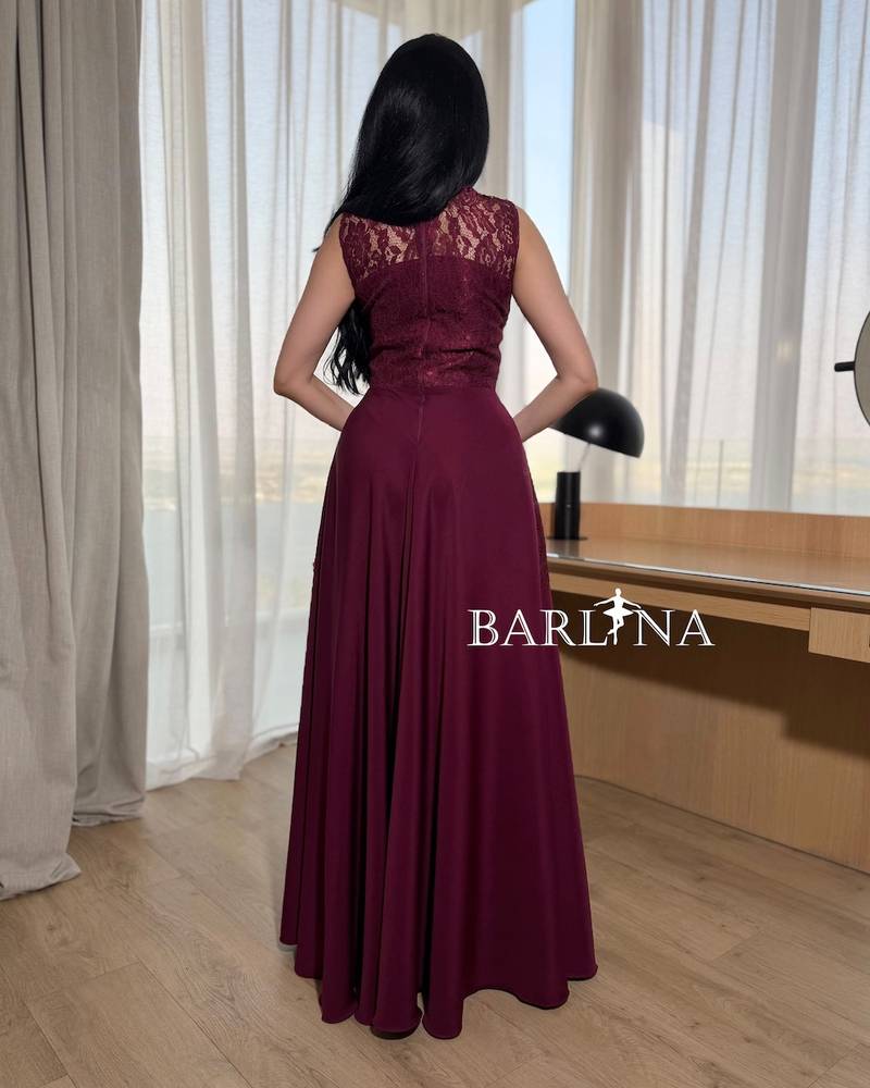 Burgundy lace dress with a high neck