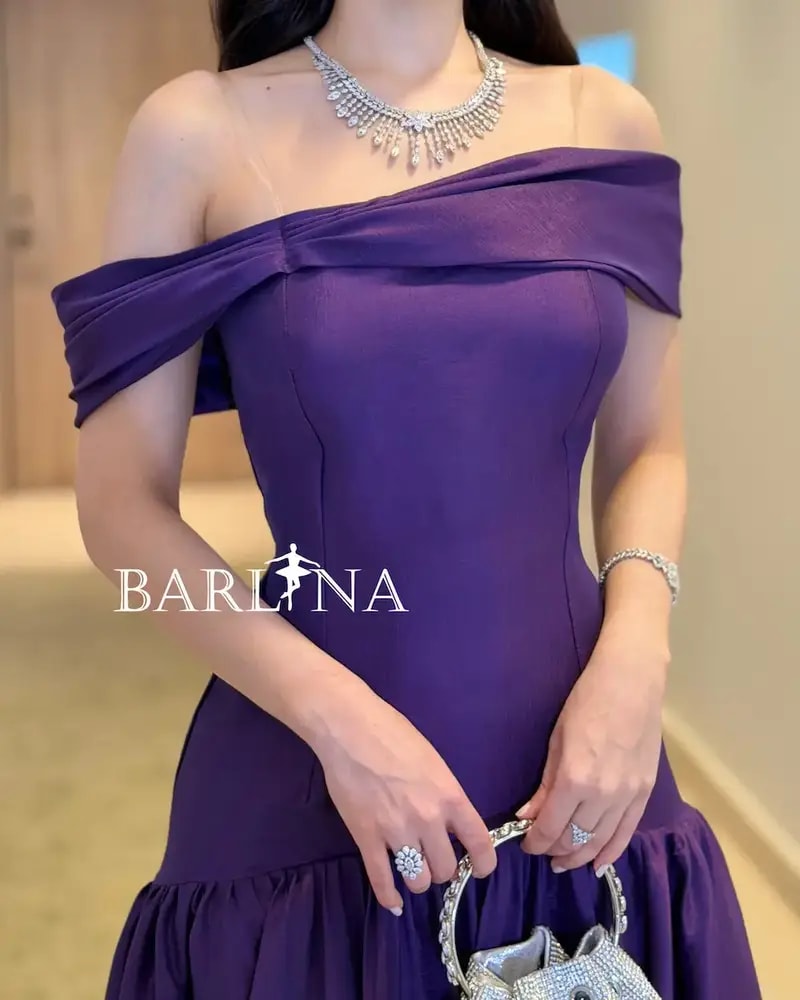 Royal purple off-shoulder evening dress