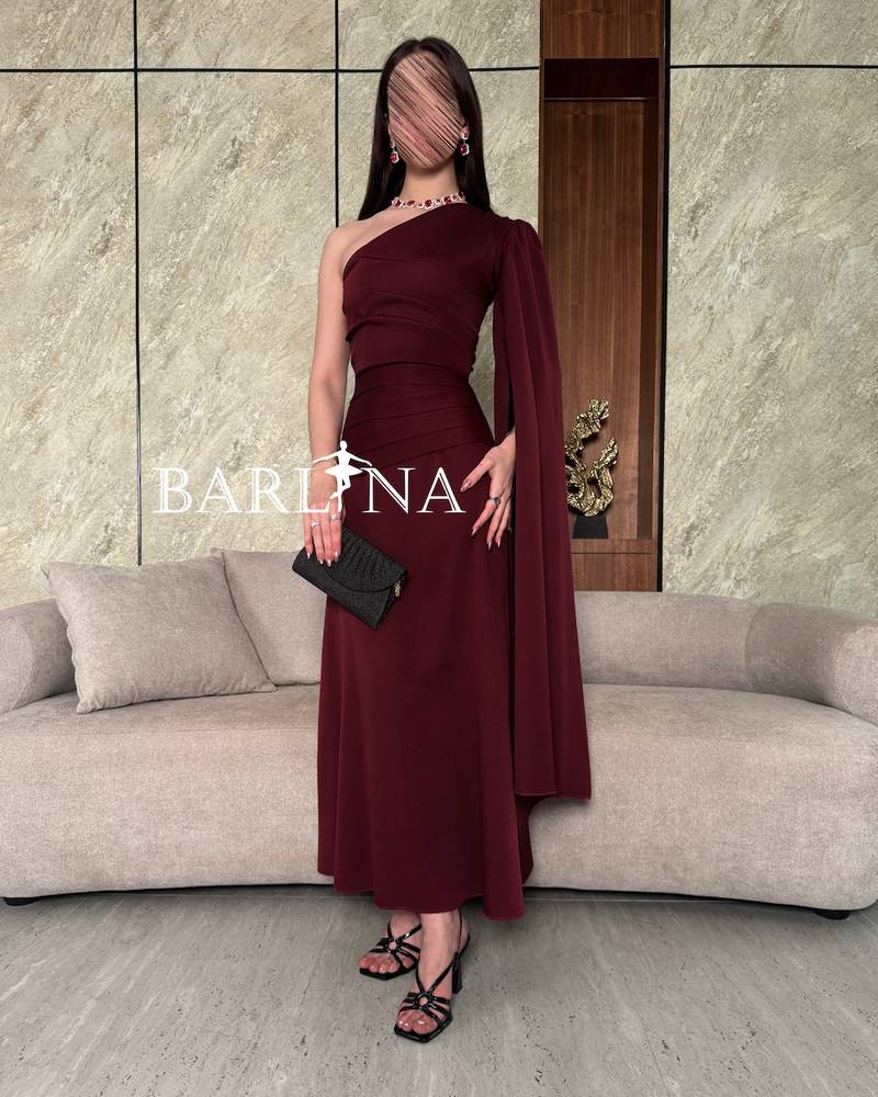 Burgundy one-shoulder dress with soft pleats