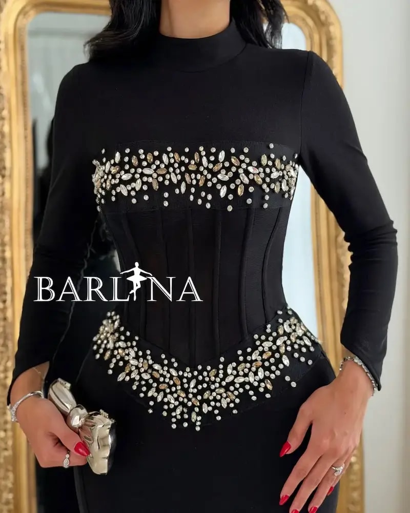 Black mermaid evening dress with a high neck