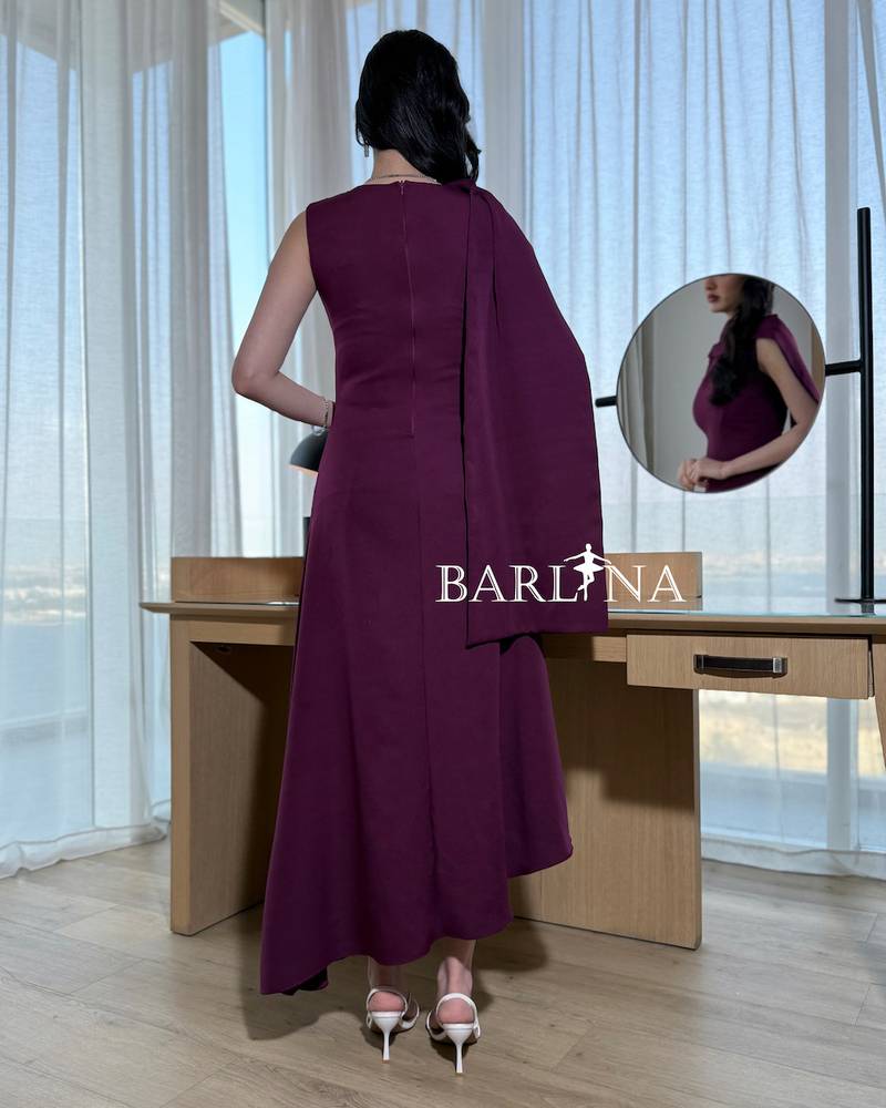 Purple dress with a slanted shoulder scarf