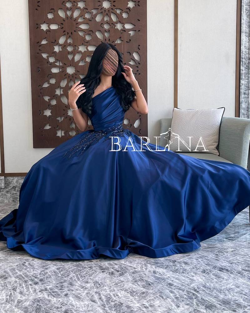 One Shoulder Navy Evening Dress with Elegant Beads
