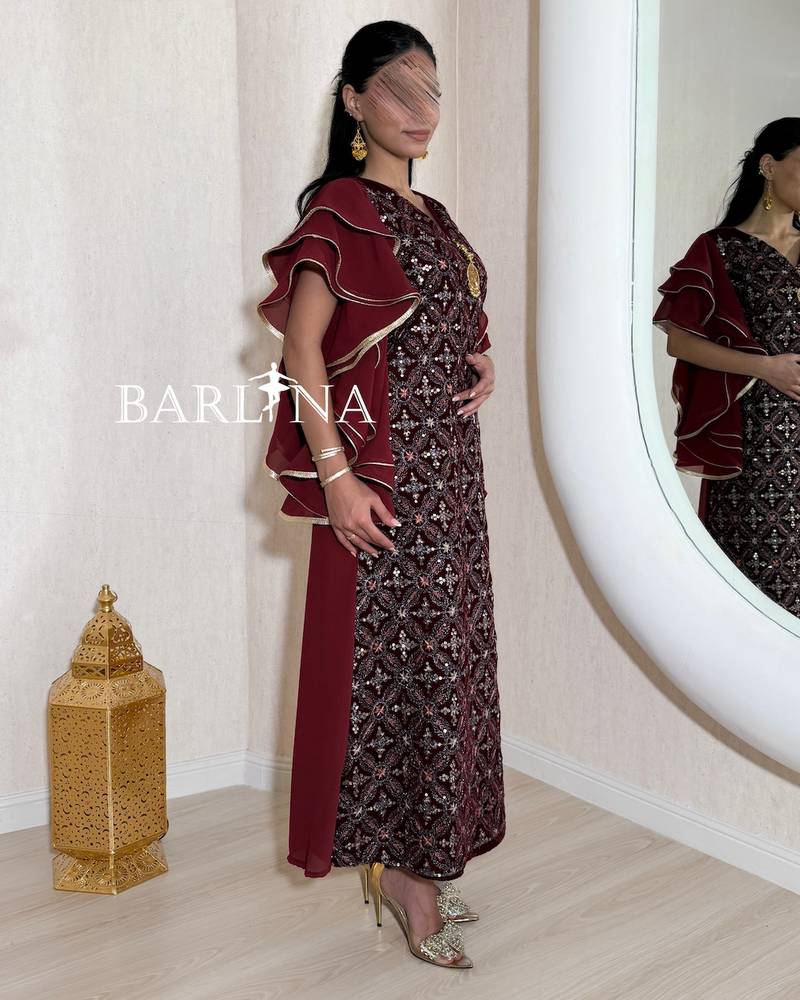 Burgundy jalabiya with a straight cut and ruffled sleeves