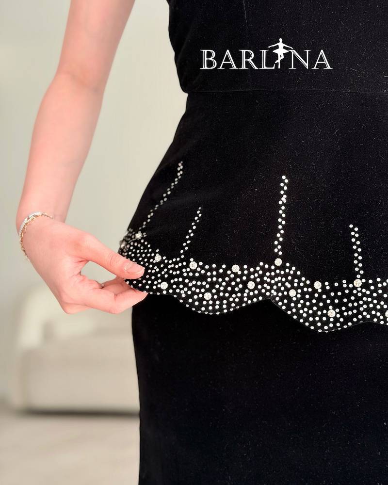 Black velvet dress with crystal-studded edges