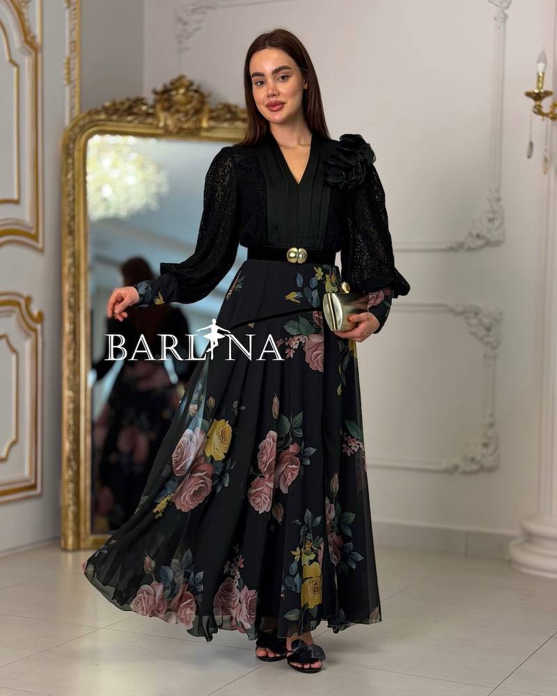 Long black floral dress with a belt