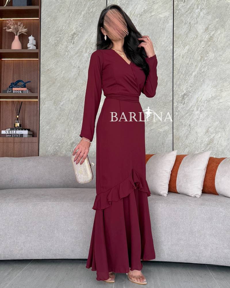 Modest burgundy dress with long sleeves