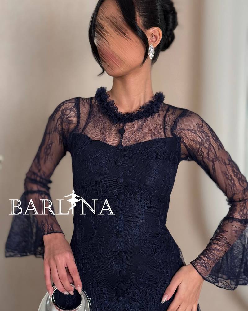 Navy lace midi dress with wide sleeves
