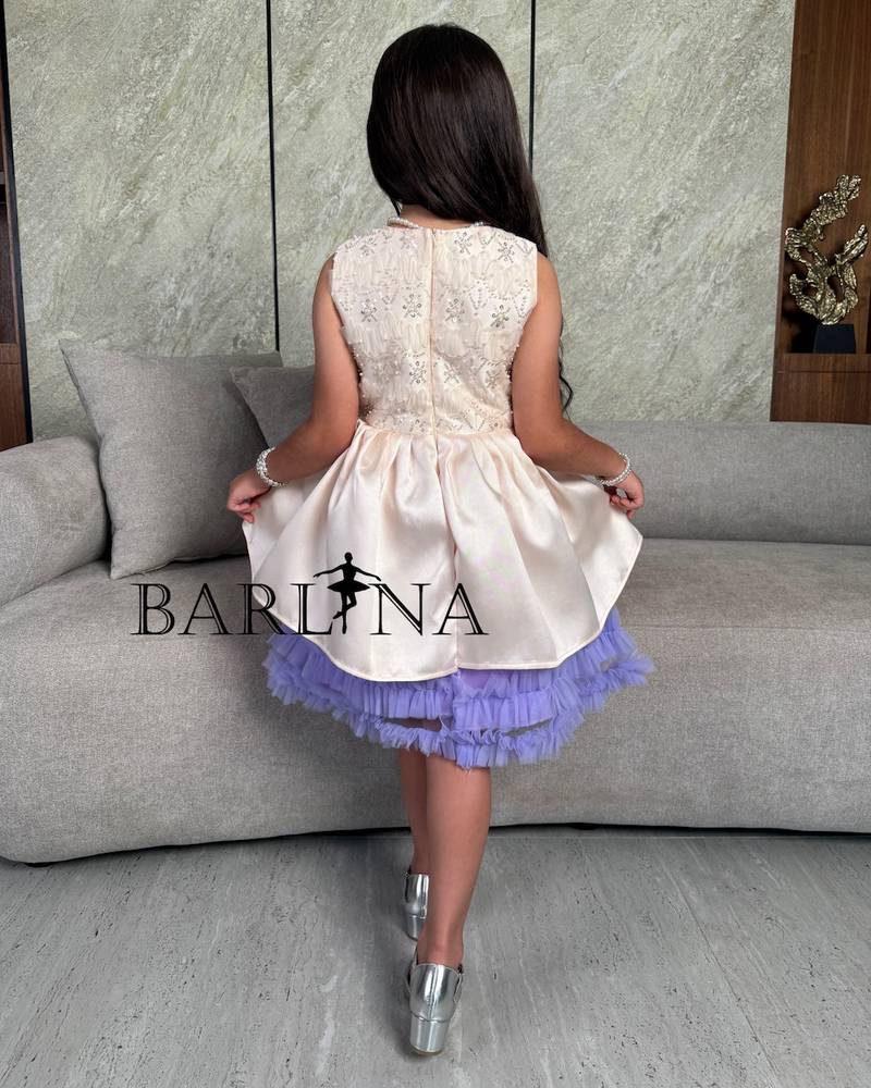 Girls' beige dress with a purple tulle layer