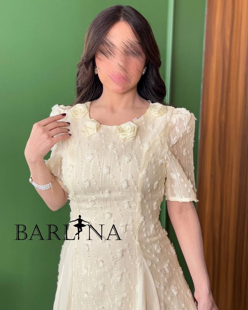 Soft beige dress embroidered with roses