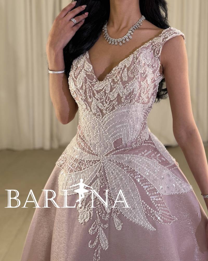 Pink evening dress with beaded embroidery