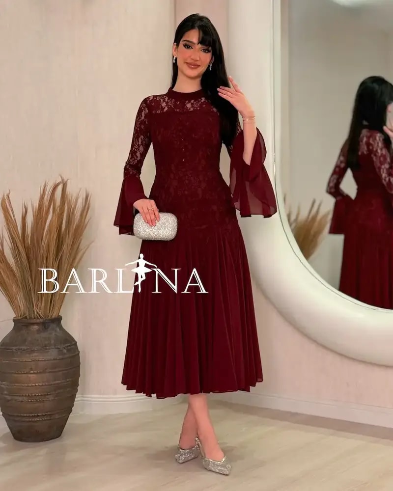 Burgundy lace dress with chiffon trim sleeves
