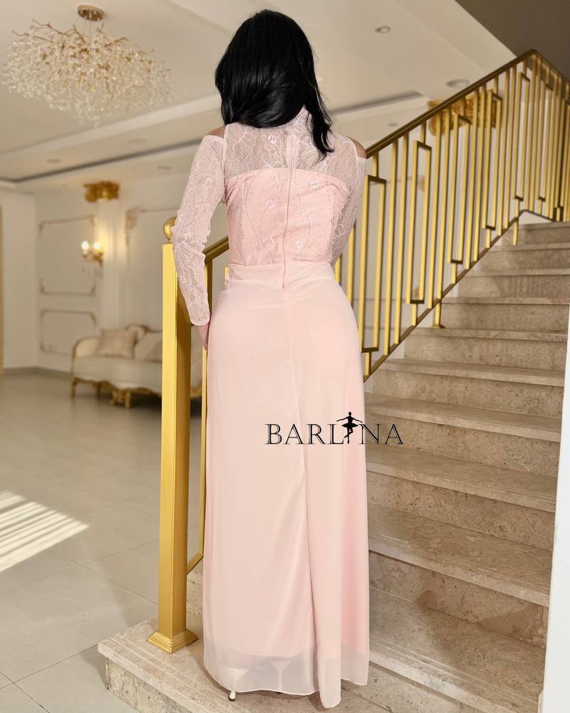 Light pink draped dress with open shoulders