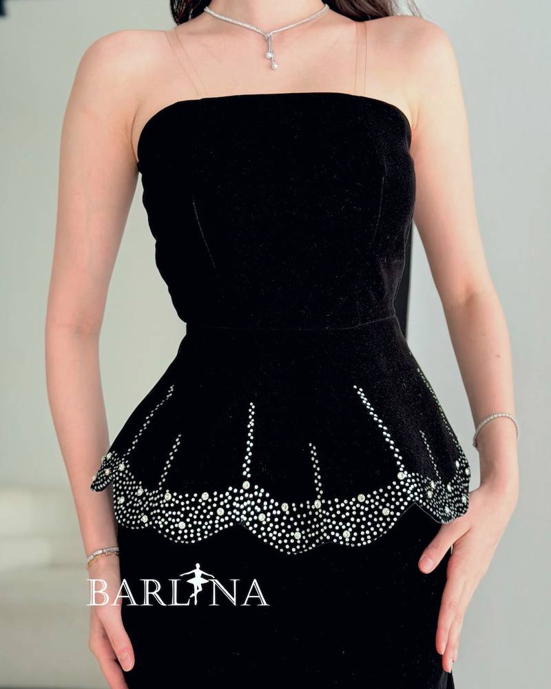 Black velvet dress with crystal-studded edges