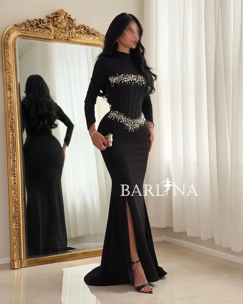 Black mermaid evening dress with a high neck