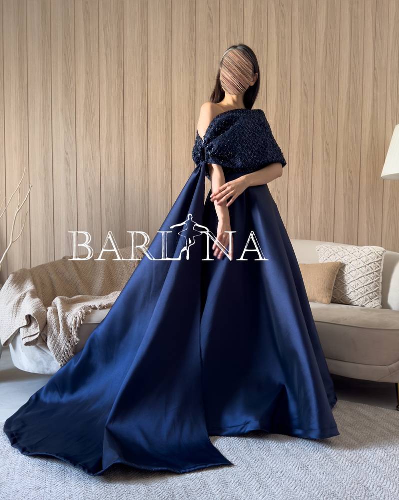 Wide shoulder navy blue dress