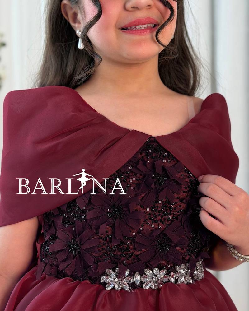 Girls' off-shoulder burgundy evening dress