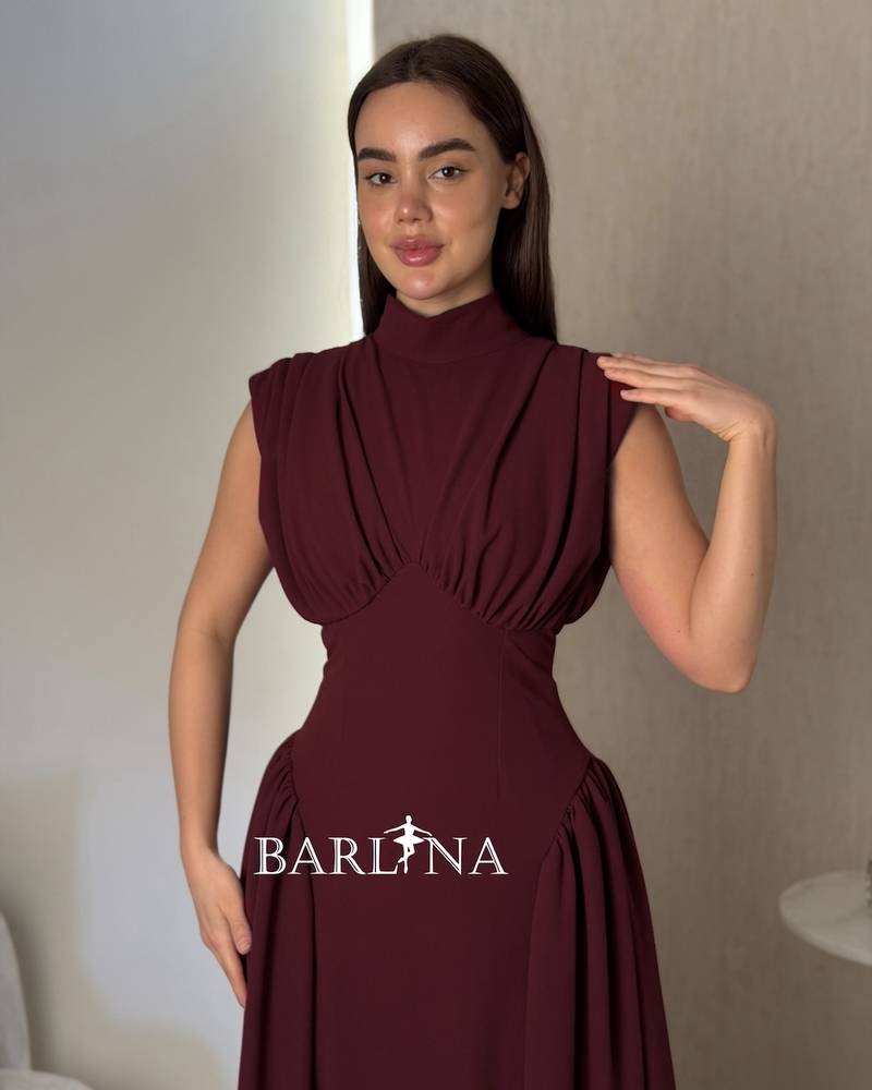 Burgundy fitted dress with a high neck