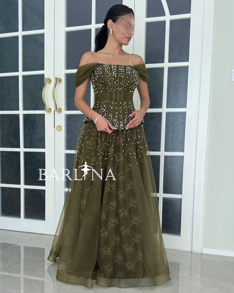 Olive tulle corset dress with dropped shoulders