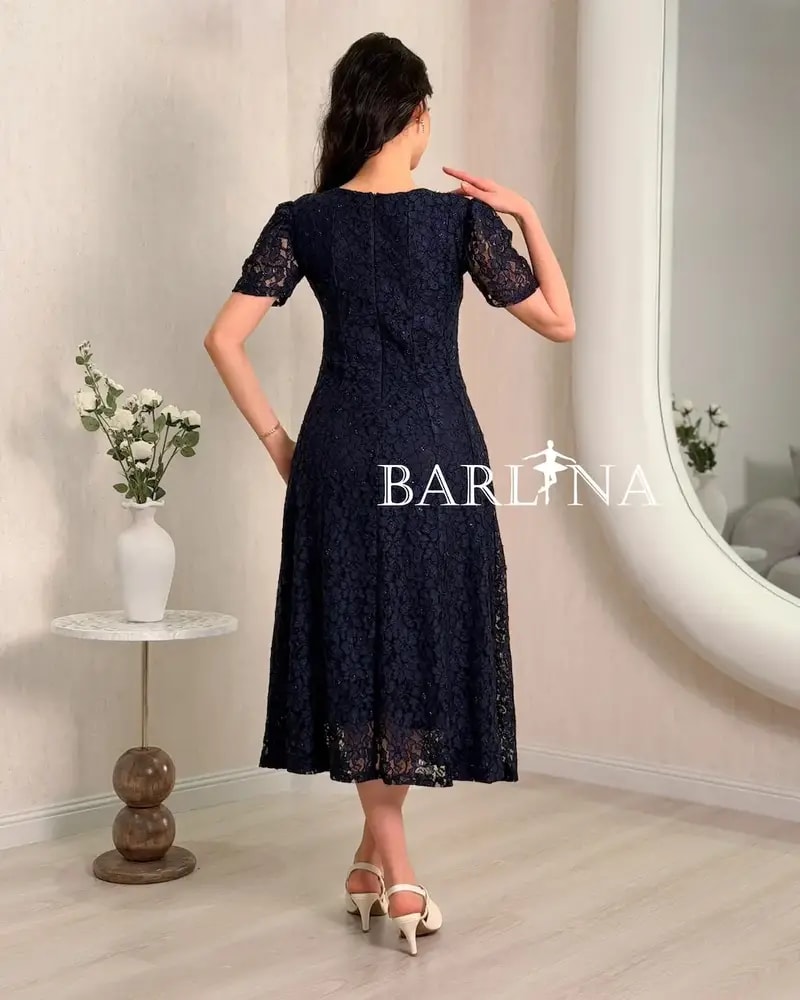 Navy blue dress with crystal embroidered neckline