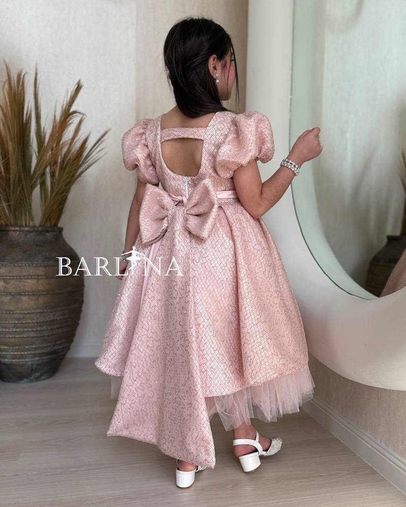 Pink fluffy girl's dress with puff sleeves