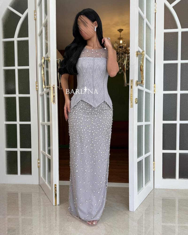 Elegant gray dress with full pearl embroidery