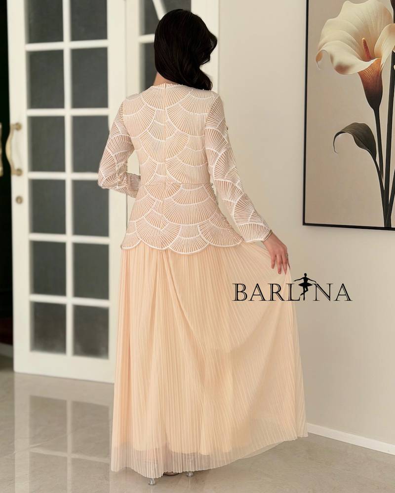 Beige dress with geometric white bead embroidery
