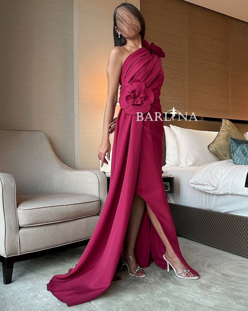 One Shoulder Burgundy Dress Decorated with Flowers