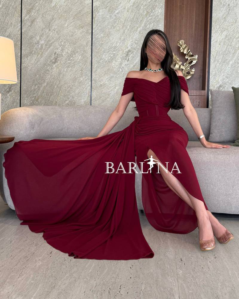 Burgundy off-the-shoulder georgette dress