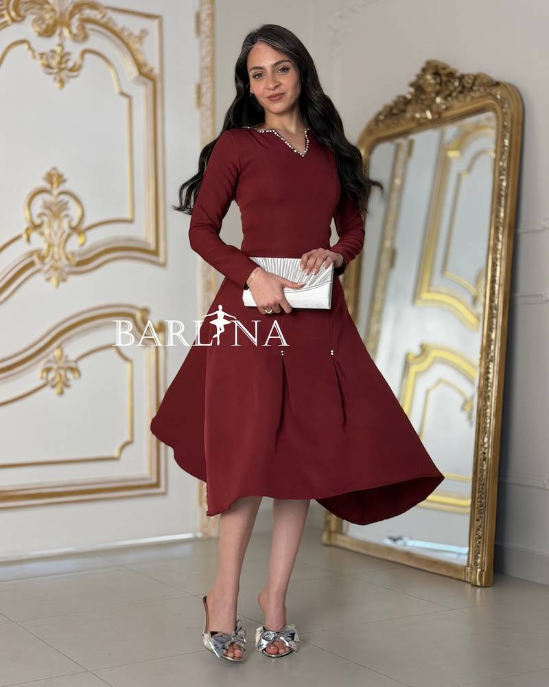 Burgundy dress with a crystal-embellished collar