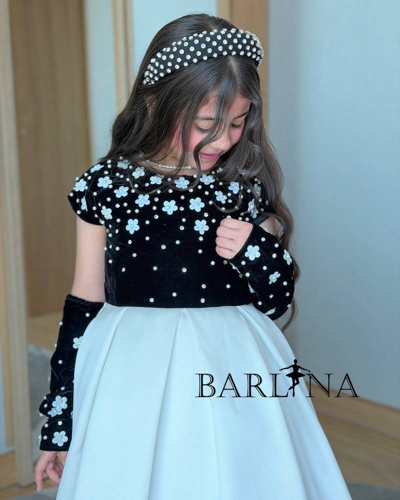 Girls' black and white dress with pearl rose embroidery