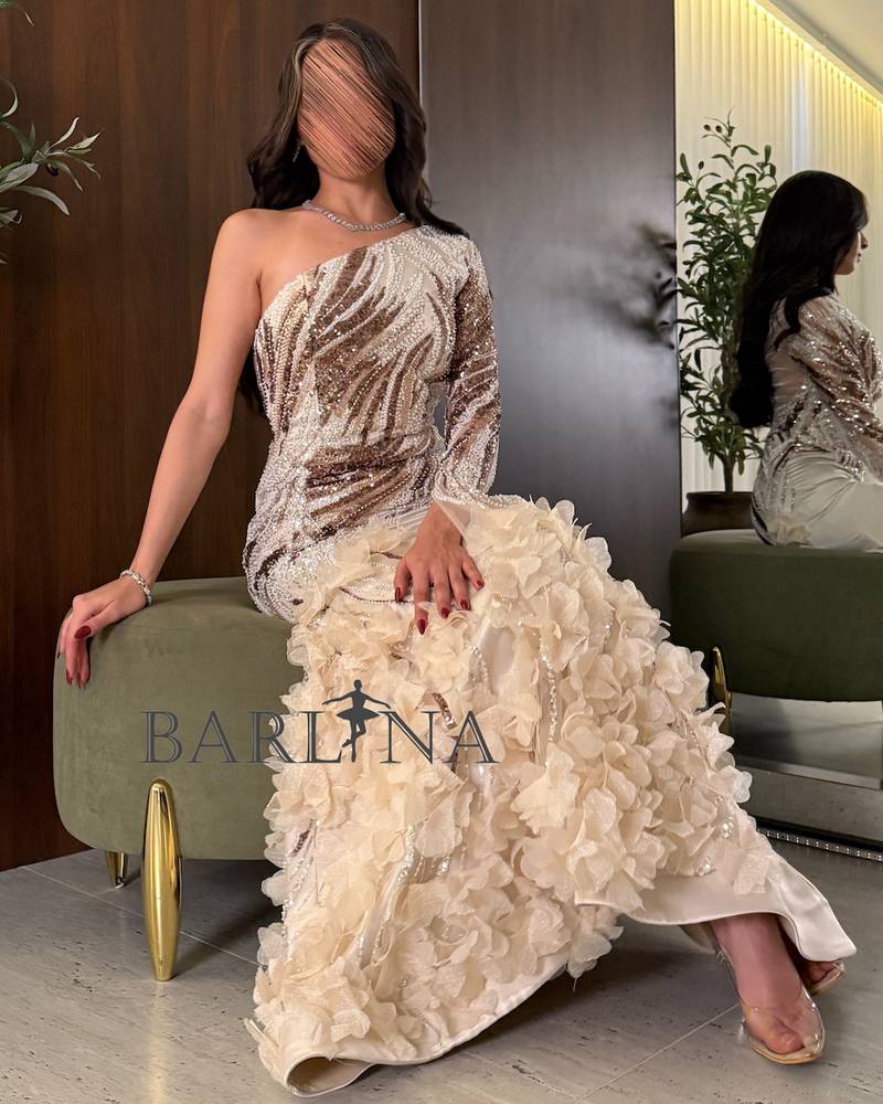 Beige one-shoulder dress with beaded lines