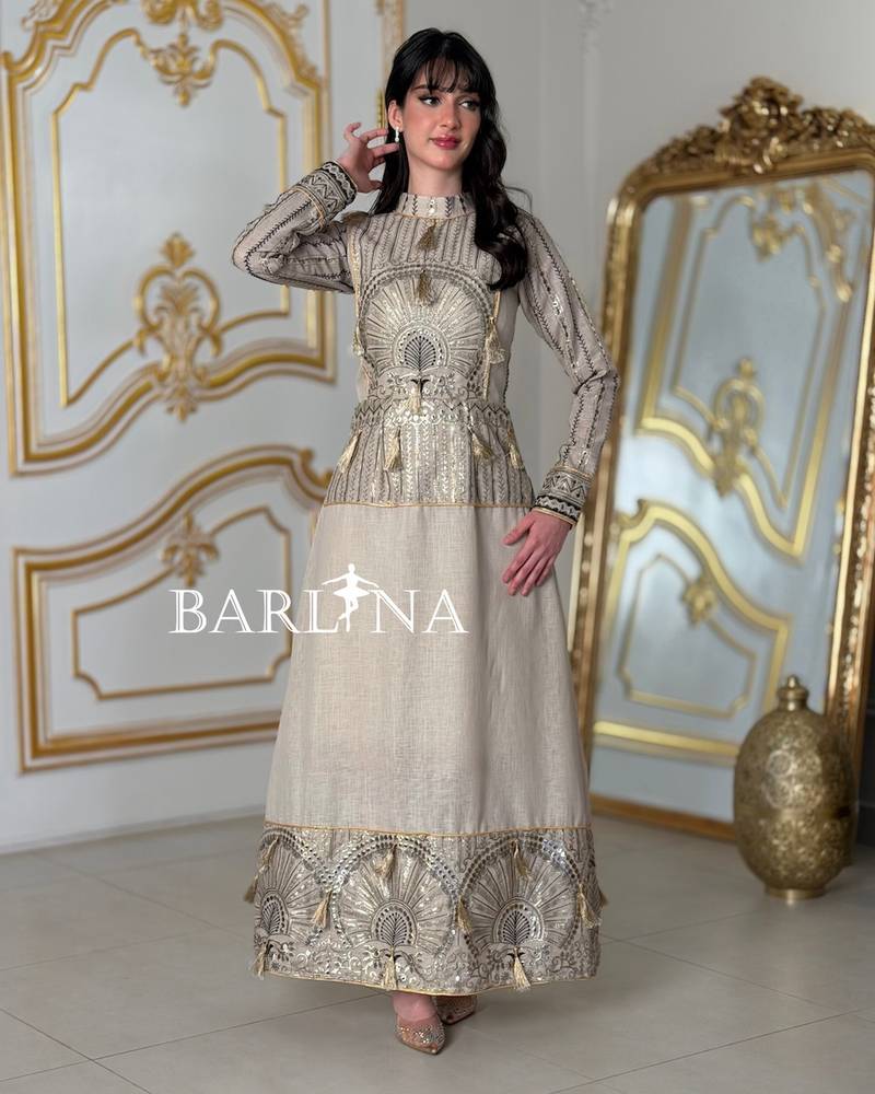 Luxurious beige jalabiya with gold embroidery