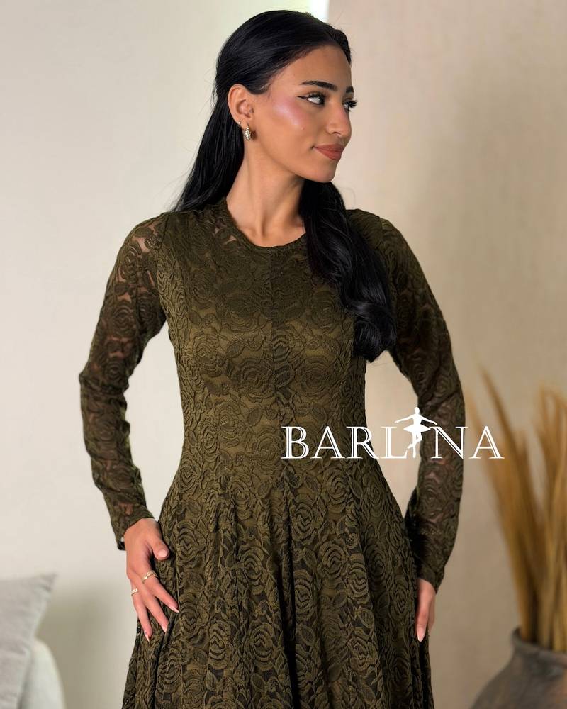 Olive green lace flared dress with a round neckline