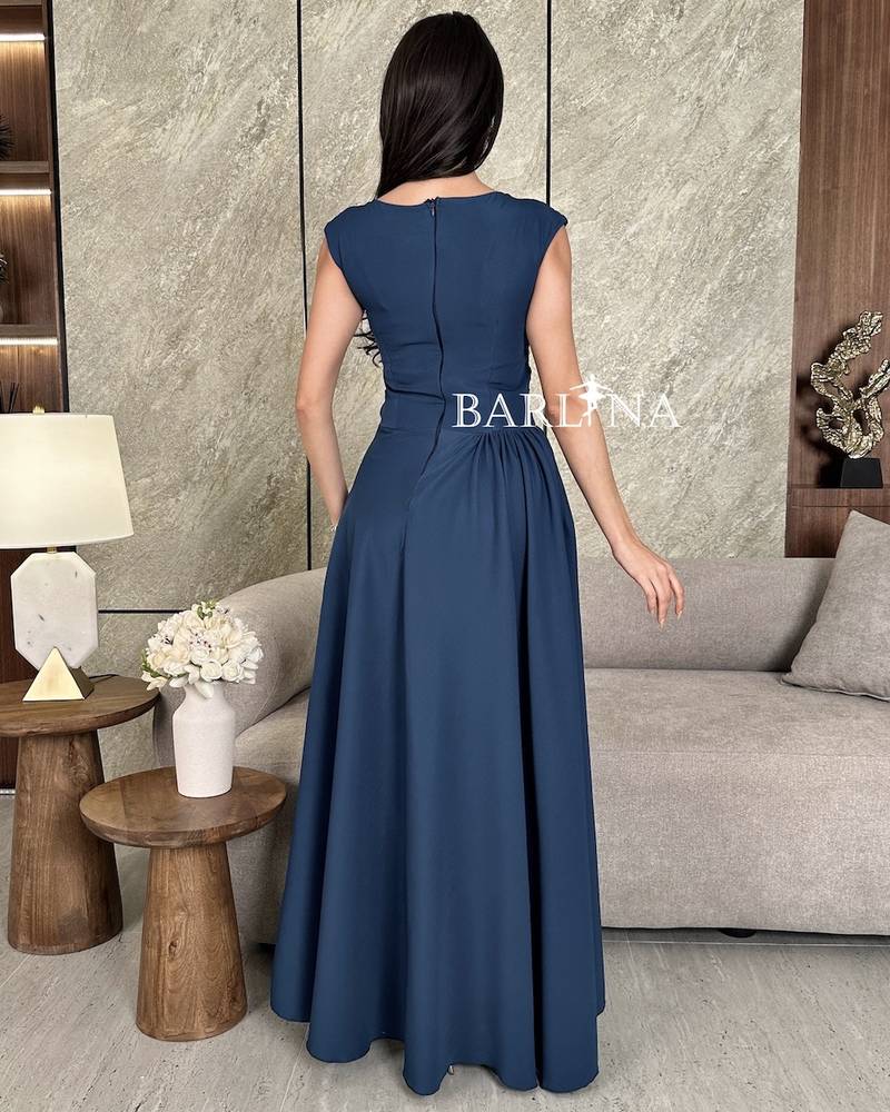 Navy blue dress with ripples at the waist
