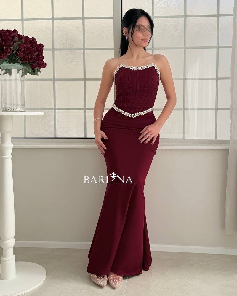 Burgundy corset dress with crystal details
