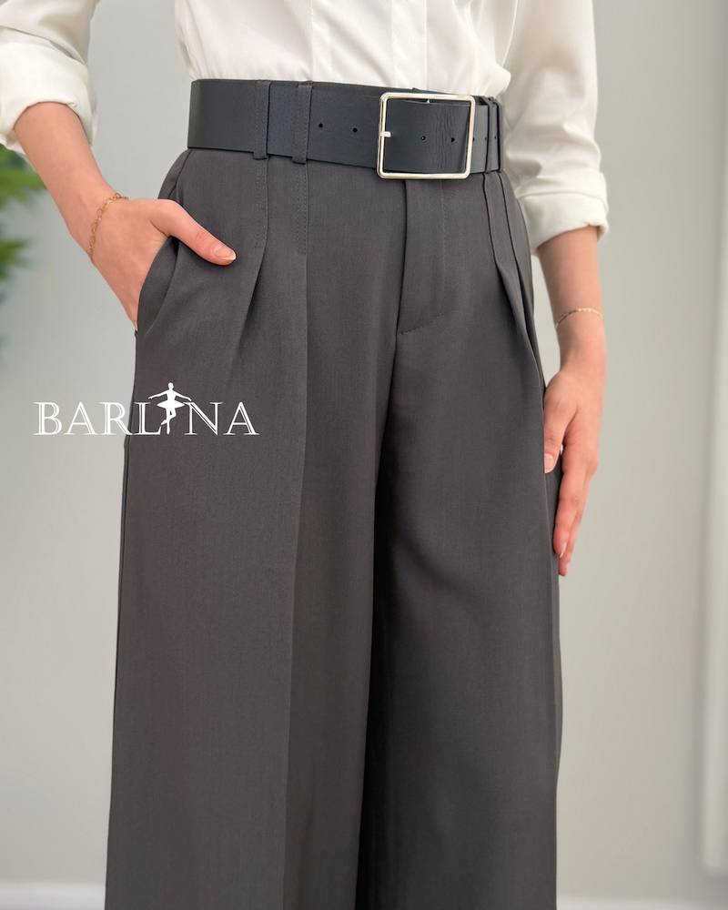 Dark gray formal trousers with a wide belt