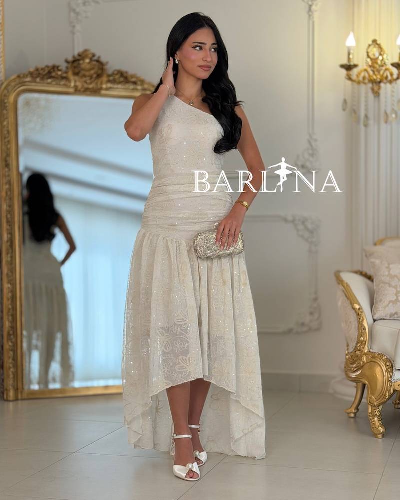 Off-white high-low embroidered one-shoulder dress