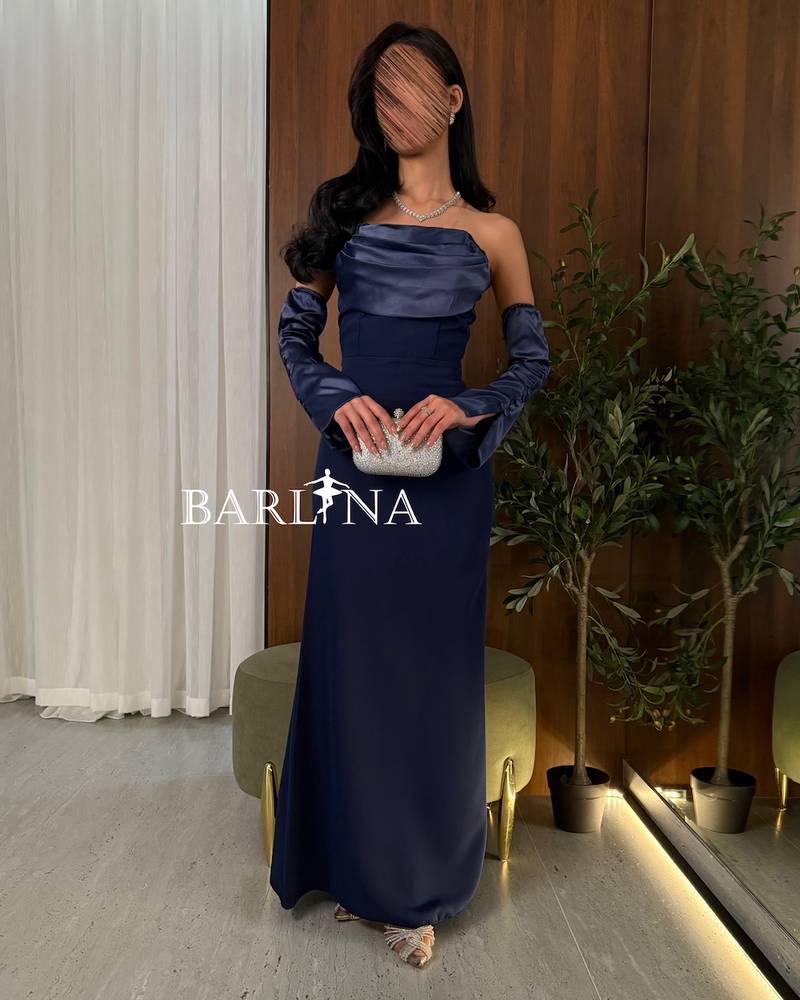 Long navy blue evening dress with separate sleeves