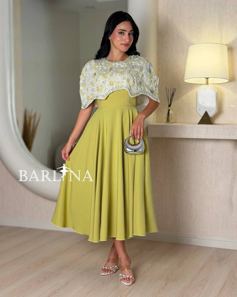 Elegant apple-colored dress with embroidered top
