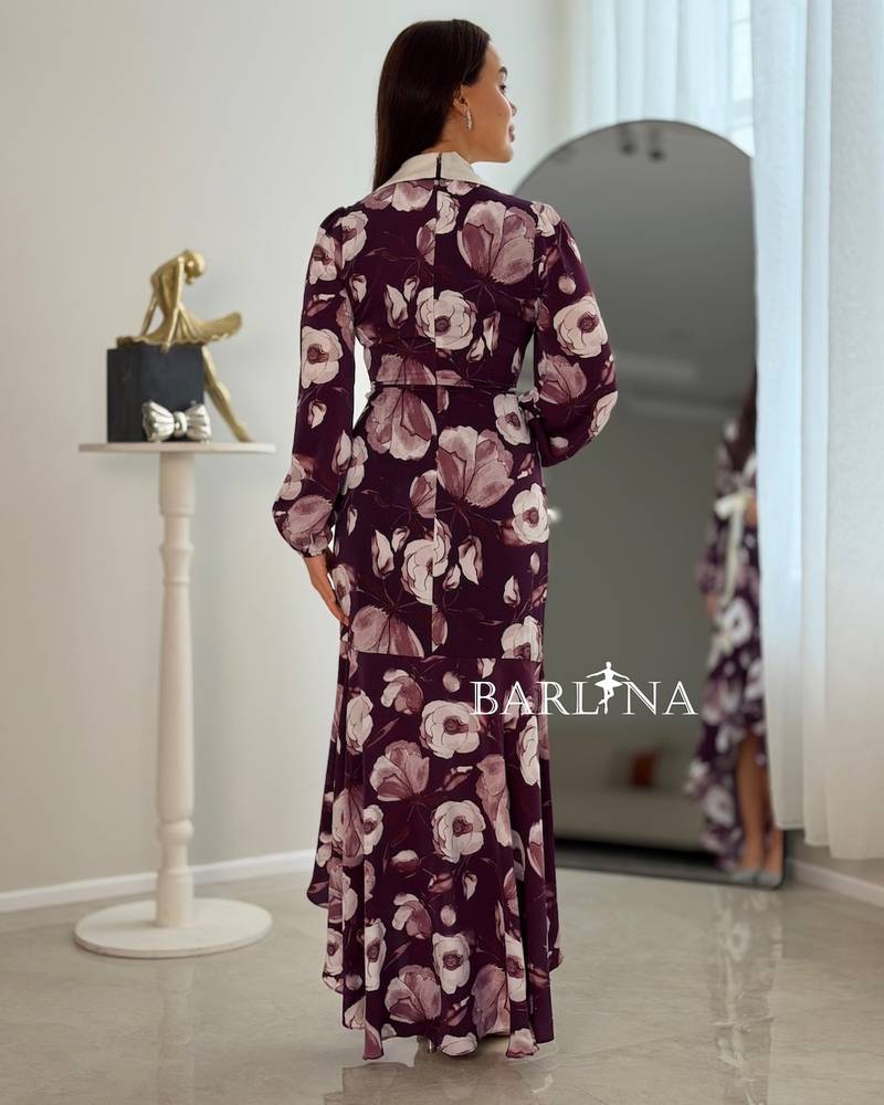 Dark purple floral dress with a white collar