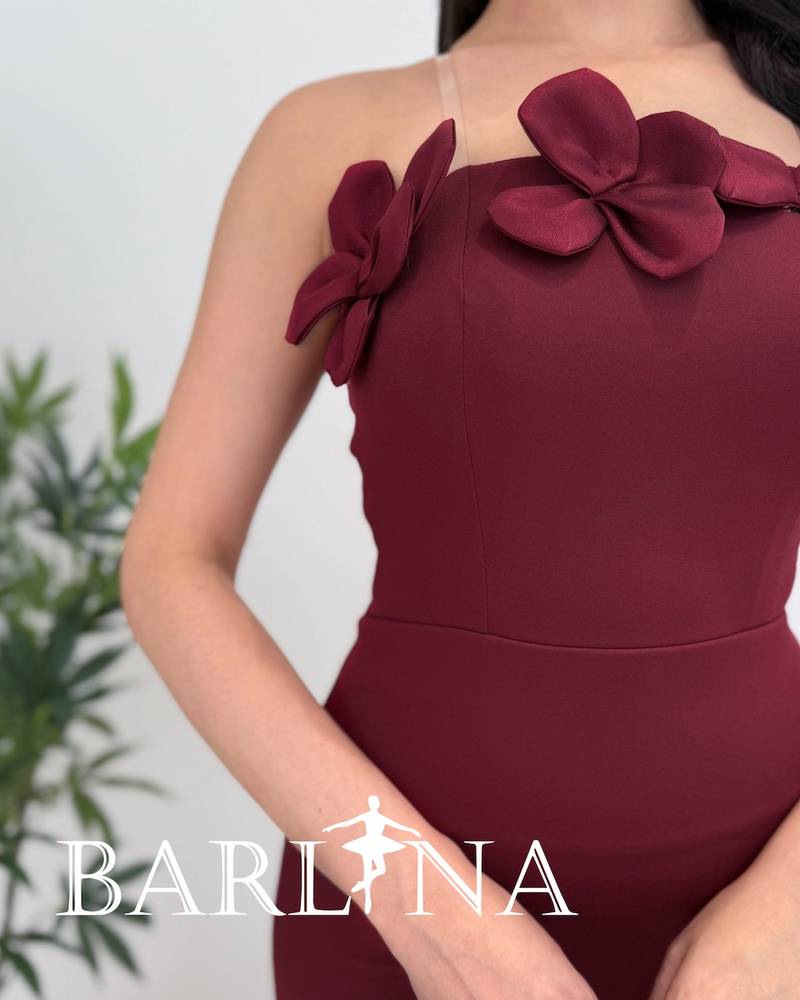 Burgundy dress with roses and fringed ends