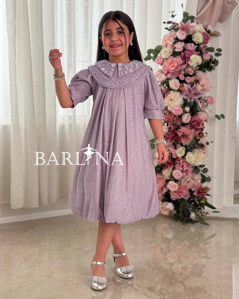 A sparkly girl's dress with a wide embroidered collar