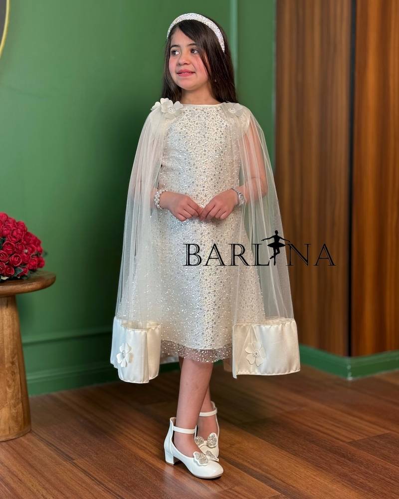 Girls' off-white dress embroidered with sequins and beads