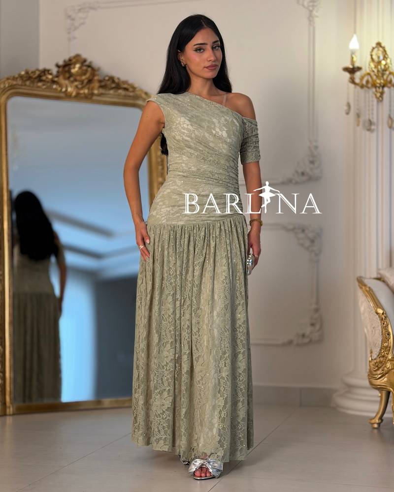 Gray lace long one-shoulder dress