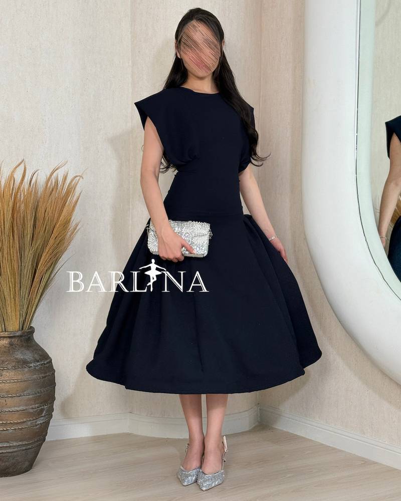 Soft Navy blue midi dress with prominent shoulders