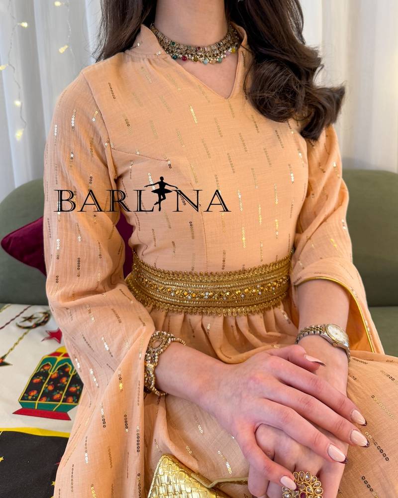 Elegant peach colored jalabiya with shiny sequins