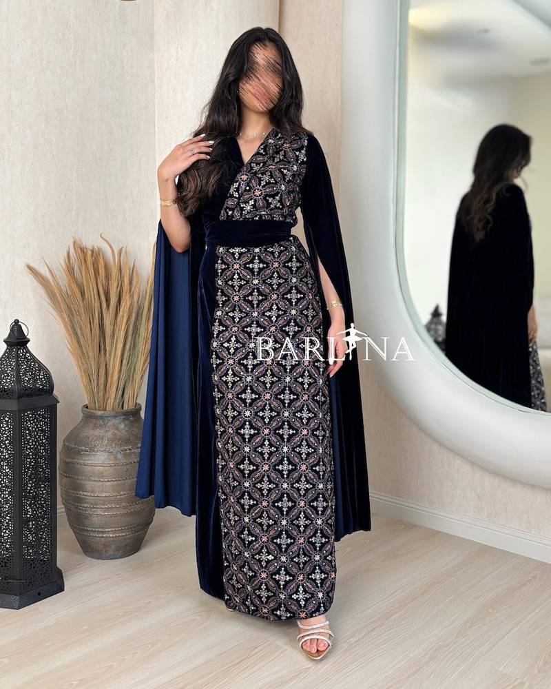 Navy velvet wrap-style jalabiya