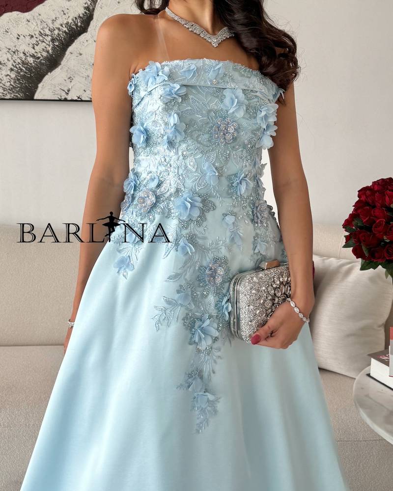 Sky blue long off shoulder evening dress
