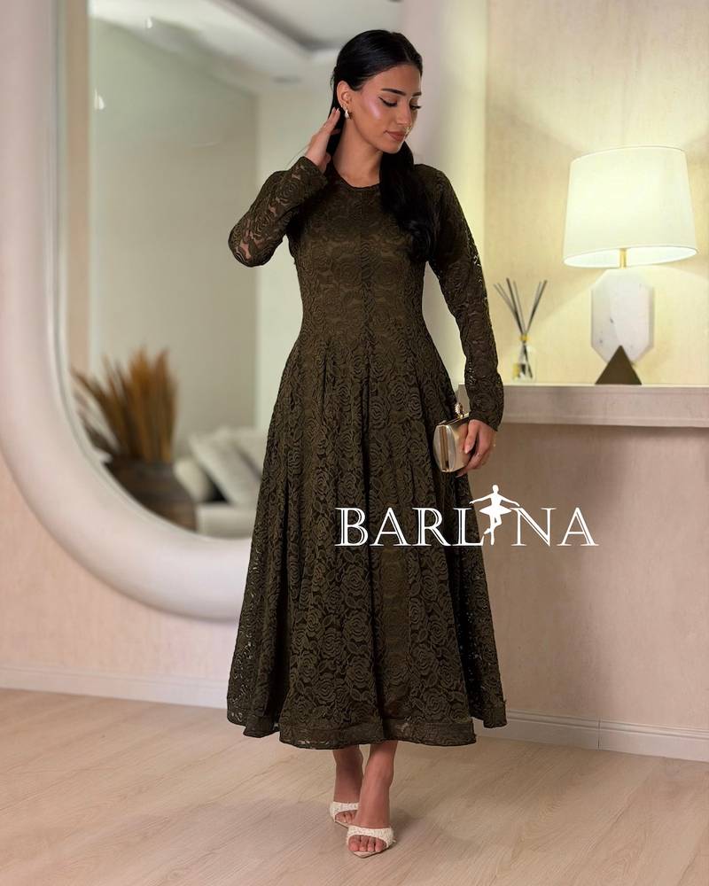 Olive green lace flared dress with a round neckline